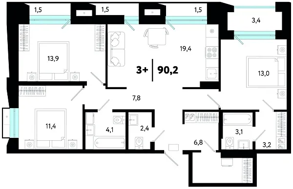 Новая 3-к квартира
 90.24 м² на 4/4 этаже в ЖК «Кедровый берег» в городе Тюмень 