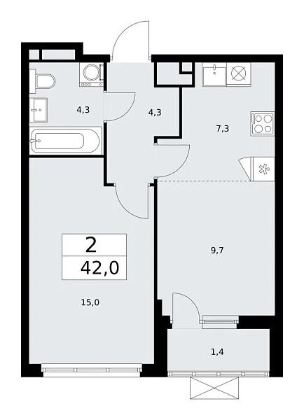 Новая 2-к квартира
 42 м² на 17/17 этаже в ЖК «Прокшино» в городе Тюмень 