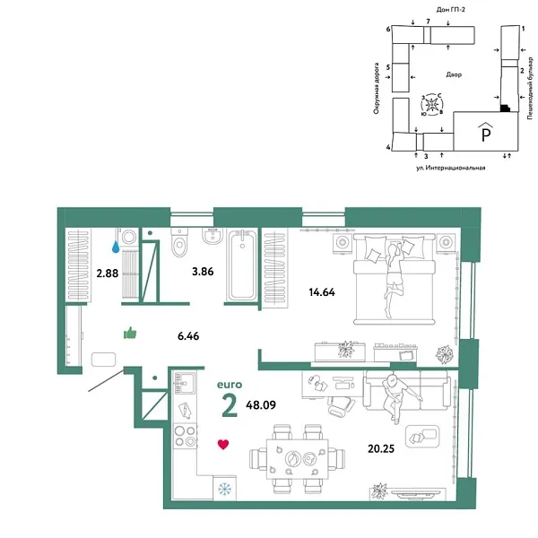 Новая 2-к квартира
 48.09 м² на 12/16 этаже в ЖК «Юнион» в городе Тюмень 