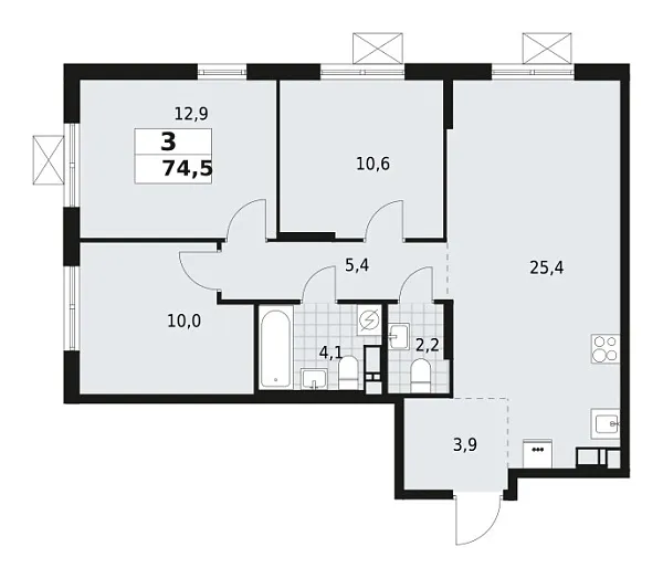 Новая 3-к квартира
 74.5 м² на 3/12 этаже в ЖК «А101 Всеволожск» в городе Тюмень 