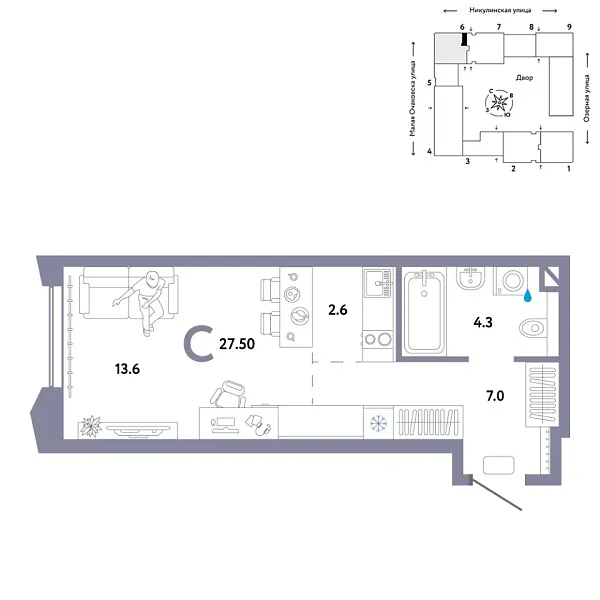 Новая квартира-студия
 27.5 м² на 11/30 этаже в ЖК «Страна.Озёрная» в городе Тюмень 