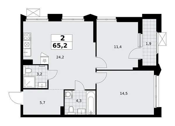Новая 2-к квартира
 65.2 м² на 3/22 этаже в ЖК «Деснаречье» в городе Тюмень 