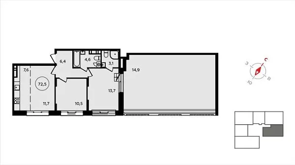 Новая 3-к квартира
 73.6 м² на 10/16 этаже в ЖК «Скандинавия» в городе Тюмень 