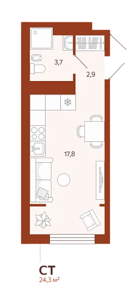 Новая квартира-студия
 24.25 м² на 5/14 этаже в ЖК «ЖК Новатор» в городе Тюмень 