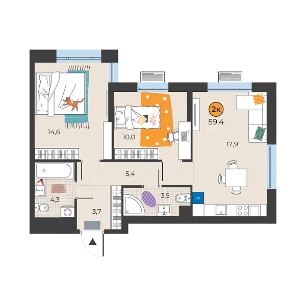 Новая 2-к квартира
 59.4 м² на 3/25 этаже в ЖК «Корней» в городе Тюмень 