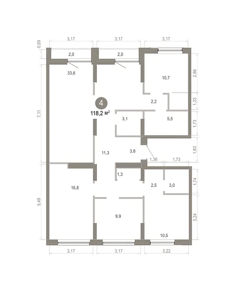 Количество комнат: 4,  118.2 кв.м.
