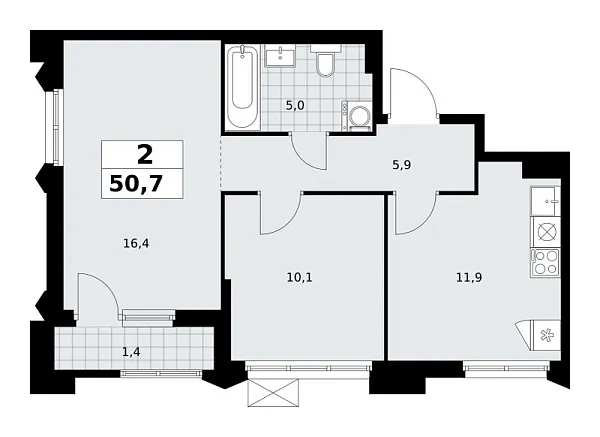 Новая 2-к квартира
 50.7 м² на 9/16 этаже в ЖК «Деснаречье» в городе Тюмень 