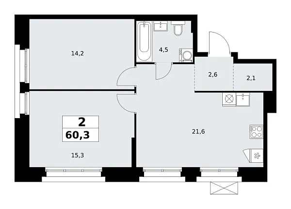 Новая 2-к квартира
 60.3 м² на 4/14 этаже в ЖК «Прокшино» в городе Тюмень 