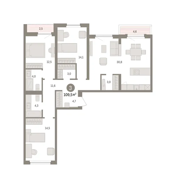 Новая 3-к квартира
 109.51 м² на 8/8 этаже в ЖК «Зарека» в городе Тюмень 