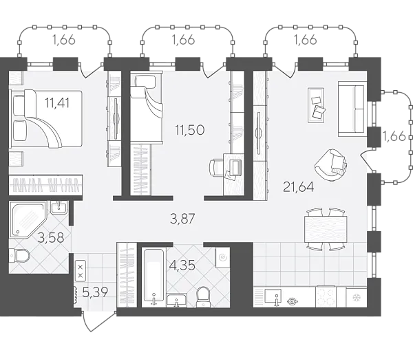 Новая 2-к квартира
 68.38 м² на 10/24 этаже в ЖК «Скандиа. Квартал в Слободе» в городе Тюмень 