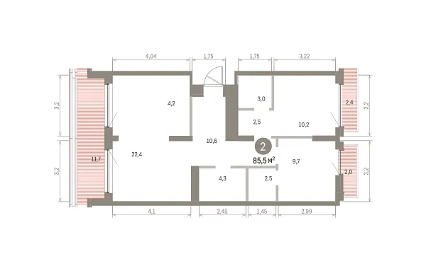 Количество комнат: 2,  85.46 кв.м.