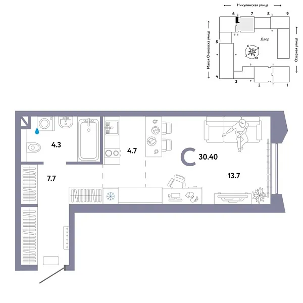 Новая квартира-студия
 30.4 м² на 11/30 этаже в ЖК «Страна.Озёрная» в городе Тюмень 