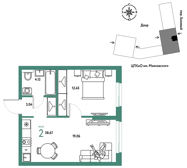 Новая 2-к квартира
 38.67 м² на 22/25 этаже в ЖК «Сибирский сад» в городе Тюмень 