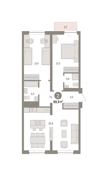 Новая 2-к квартира
 88.9 м² на 3/8 этаже в ЖК «Речной порт» в городе Тюмень 