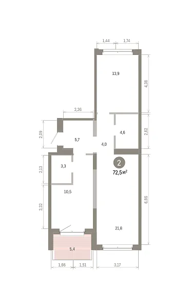 Количество комнат: 2,  72.5 кв.м.