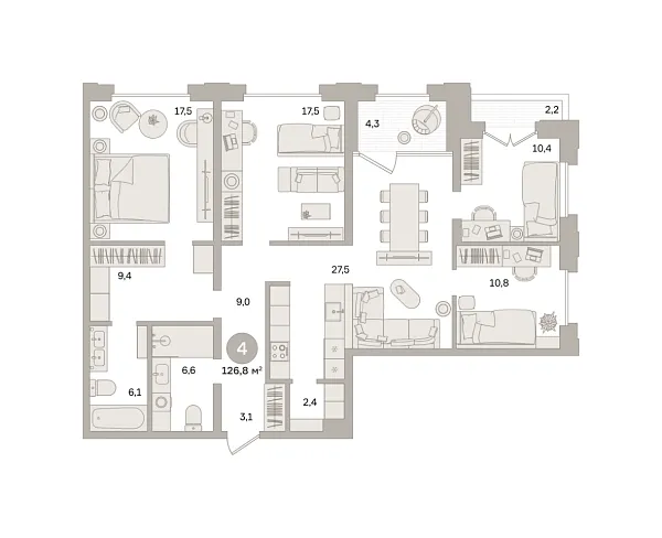 Новая 4-к квартира
 126.81 м² на 4/27 этаже в ЖК «Квартал «МОНС»» в городе Тюмень 