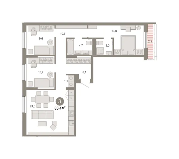 Новая 3-к квартира
 86.41 м² на 7/7 этаже в ЖК «Октябрьский на Туре» в городе Тюмень 