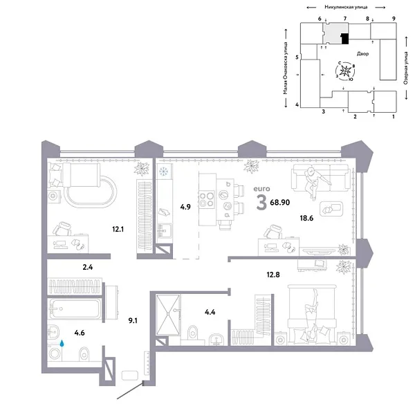 Новая 3-к квартира
 68.9 м² на 28/30 этаже в ЖК «Страна.Озёрная» в городе Тюмень 