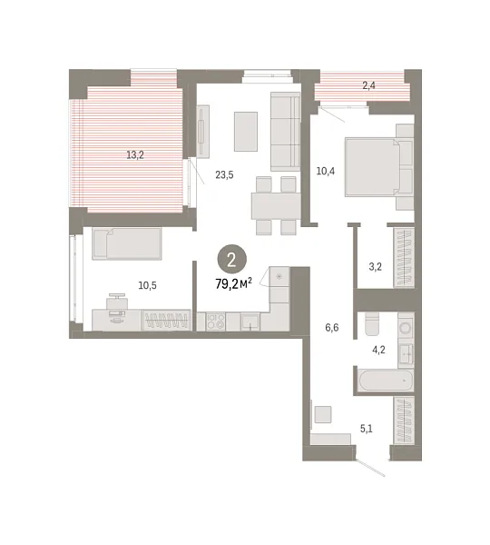 Новая 2-к квартира
 79.18 м² на 15/18 этаже в ЖК «Республики 205» в городе Тюмень 