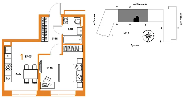 Новая 1-к квартира
 35.14 м² на 11/16 этаже в ЖК «Авторский» в городе Тюмень 