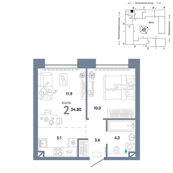 Новая 2-к квартира
 34.8 м² на 9/30 этаже в ЖК «Страна.Озёрная» в городе Тюмень 