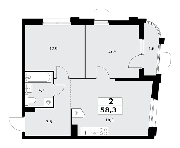 Новая 2-к квартира
 58.3 м² на 7/16 этаже в ЖК «Прокшино» в городе Тюмень 