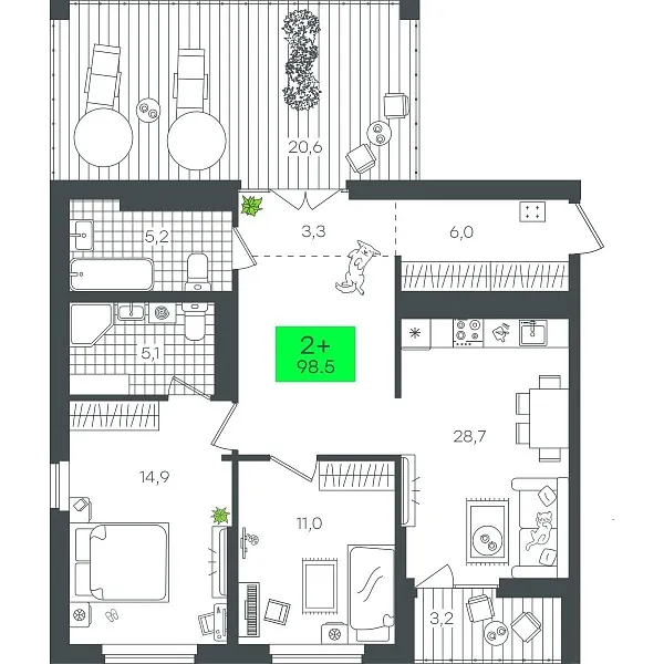Количество комнат: 2,  98.56 кв.м.