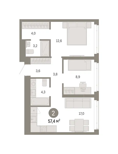 Новая 2-к квартира
 57.41 м² на 10/18 этаже в ЖК «Республики 205» в городе Тюмень 