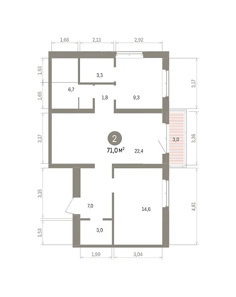 Количество комнат: 2,  71.02 кв.м.
