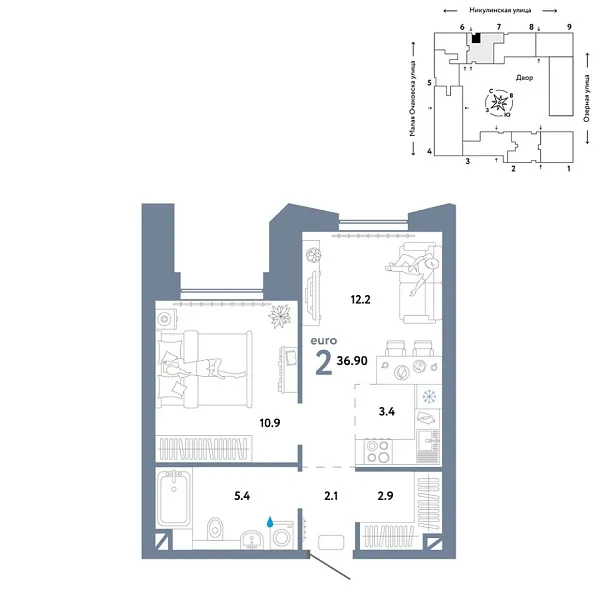 Новая 2-к квартира
 36.9 м² на 7/30 этаже в ЖК «Страна.Озёрная» в городе Тюмень 