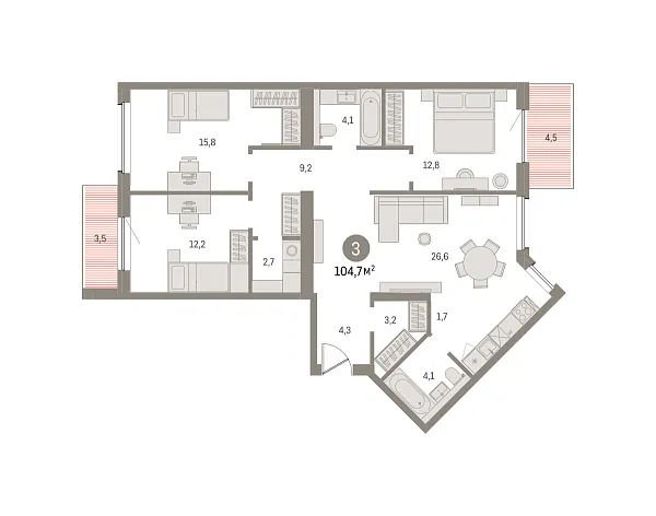 Новая 3-к квартира
 104.33 м² на 8/8 этаже в ЖК «Северный ветер» в городе Тюмень 
