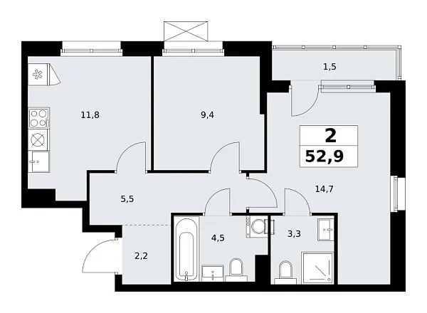 Новая 2-к квартира
 52.9 м² на 7/13 этаже в ЖК «Прокшино» в городе Тюмень 