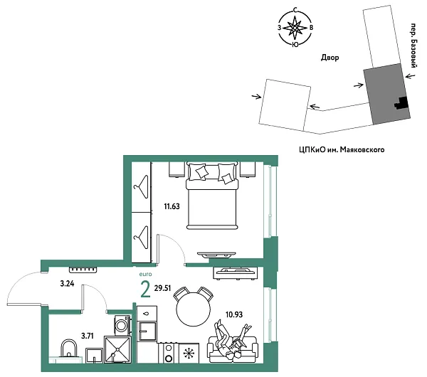 Новая 2-к квартира
 29.51 м² на 6/25 этаже в ЖК «Сибирский сад» в городе Тюмень 