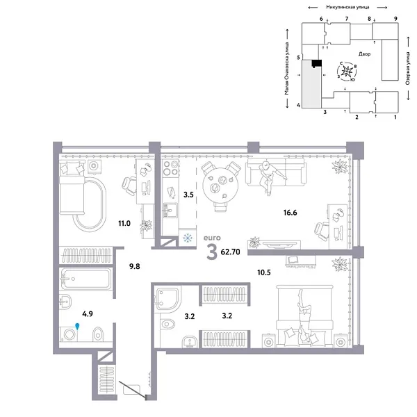 Новая 3-к квартира
 62.7 м² на 18/30 этаже в ЖК «Страна.Озёрная» в городе Тюмень 