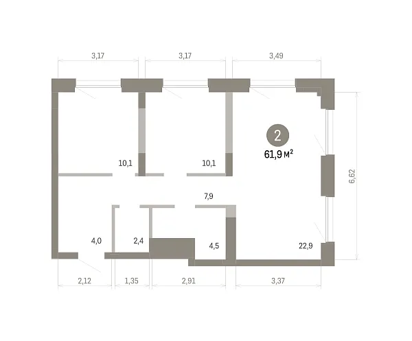 Количество комнат: 2,  61.9 кв.м.