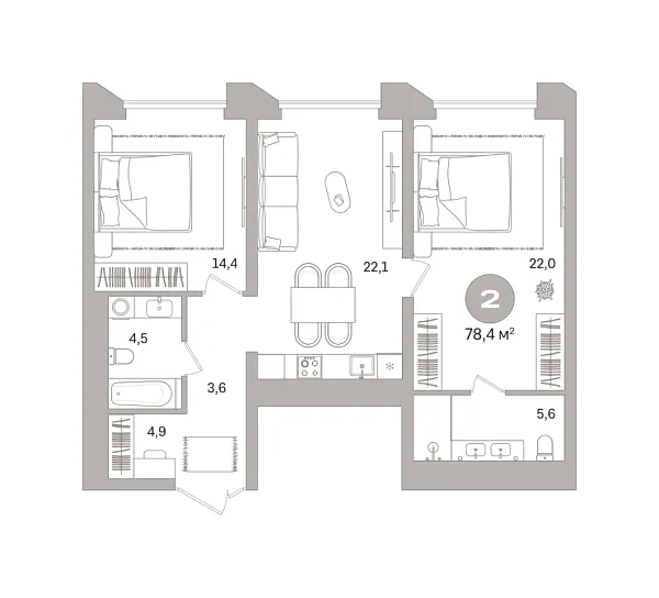 Новая 2-к квартира
 78.39 м² на 4/25 этаже в ЖК «Гоголя 21» в городе Тюмень 