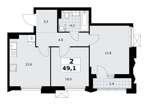 Новая 2-к квартира
 49.1 м² на 6/14 этаже в ЖК «Деснаречье» в городе Тюмень 