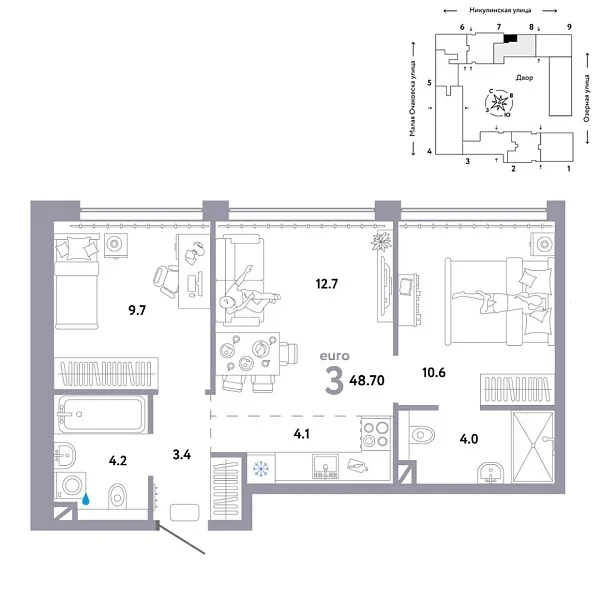 Новая 3-к квартира
 48.7 м² на 9/30 этаже в ЖК «Страна.Озёрная» в городе Тюмень 