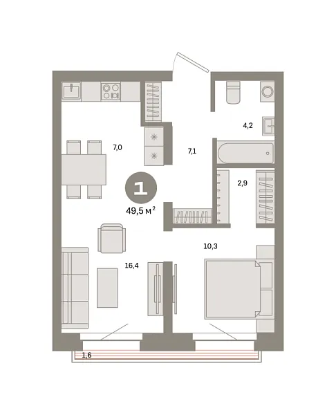Новая 1-к квартира
 49.5 м² на 8/9 этаже в ЖК «Квартал «Метроном»» в городе Тюмень 