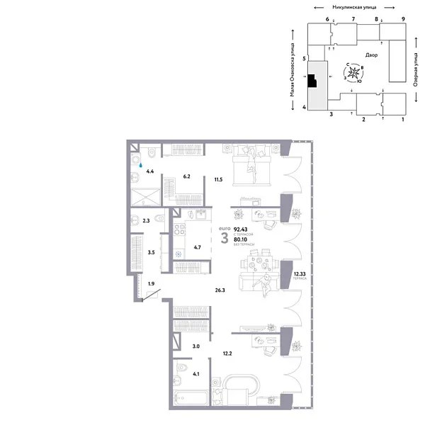 Новая 3-к квартира
 92.43 м² на 19/30 этаже в ЖК «Страна.Озёрная» в городе Тюмень 