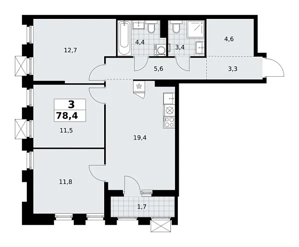 Новая 3-к квартира
 78.4 м² на 12/22 этаже в ЖК «Деснаречье» в городе Тюмень 