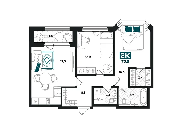 Новая 2-к квартира
 73.8 м² на 22/23 этаже в ЖК «Добро» в городе Тюмень 