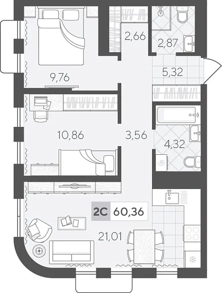 Новая 2-к квартира
 60.36 м² на 14/17 этаже в ЖК «Скандиа. Квартал в Комарово Парк» в городе Тюмень 