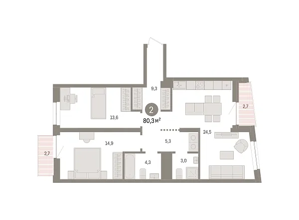 Новая 2-к квартира
 80.3 м² на 7/8 этаже в ЖК «Речной порт» в городе Тюмень 