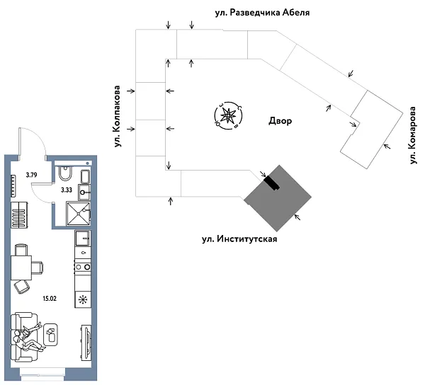 Новая квартира-студия
 22.14 м² на 12/26 этаже в ЖК «Страна.Парковая» в городе Тюмень 
