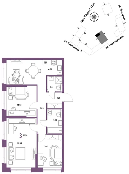Новая 3-к квартира
 77.56 м² на 16/25 этаже в ЖК «Страна.Парковая» в городе Тюмень 