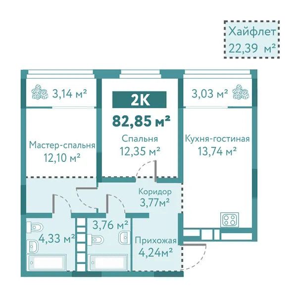 Новая 2-к квартира
 82.82 м² на 10/10 этаже в ЖК «Акватория» в городе Тюмень 
