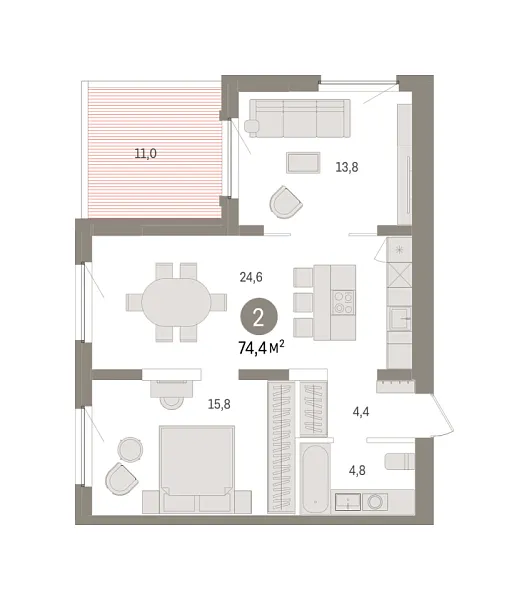 Новая 2-к квартира
 74.43 м² на 16/16 этаже в ЖК «Зарека» в городе Тюмень 
