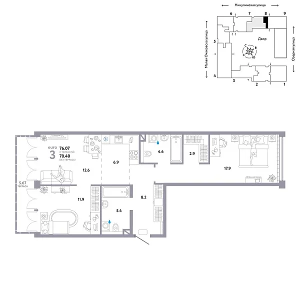 Новая 3-к квартира
 76.07 м² на 8/30 этаже в ЖК «Страна.Озёрная» в городе Тюмень 