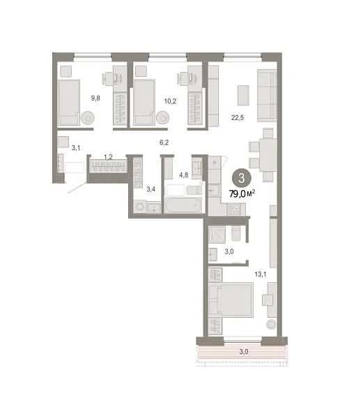 Новая 3-к квартира
 79.03 м² на 7/7 этаже в ЖК «Октябрьский на Туре» в городе Тюмень 